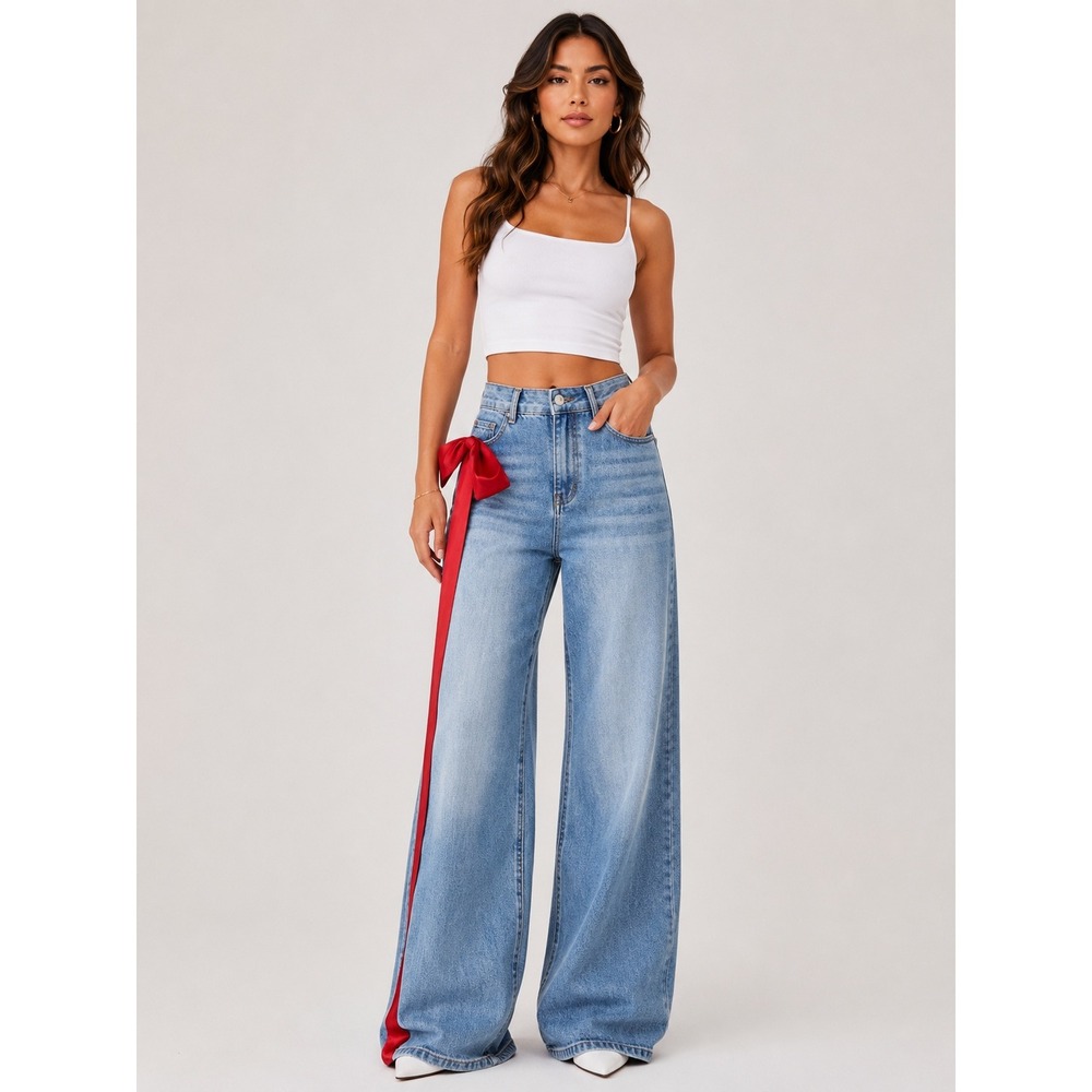 Commense Women's Mid-Waist Wide Leg Denim Jeans with Side Bow Ribbon Detail S